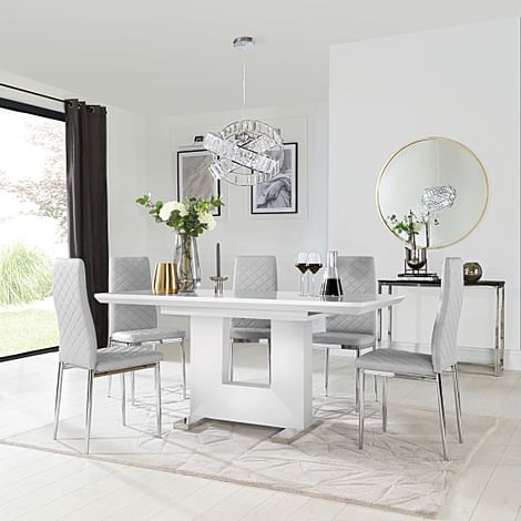 Florence Extending Dining Table & 6 Renzo Chairs, White High Gloss, Light Grey Classic Faux Leather & Chrome, 120-160cm