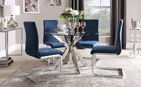 Plaza Round Dining Table & 4 Perth Chairs, Glass & Chrome, Blue Classic Velvet, 110cm