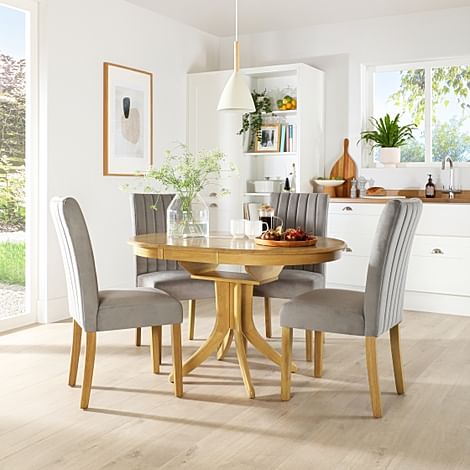 Hudson Round Extending Dining Table & 6 Salisbury Chairs, Natural Oak Finished Solid Hardwood, Grey Classic Velvet, 90-120cm