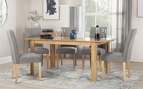 Bali Extending Dining Table & 4 Salisbury Chairs, Natural Oak Finished Solid Hardwood, Grey Classic Velvet, 150-180cm