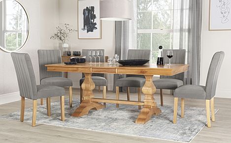 Cavendish Extending Dining Table & 6 Salisbury Chairs, Natural Oak Veneer & Solid Hardwood, Grey Classic Velvet & Natural Oak Finished Solid Hardwood, 160-200cm