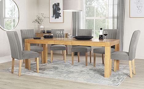 Cambridge Extending Dining Table & 6 Salisbury Chairs, Natural Oak Veneer & Solid Hardwood, Grey Classic Velvet & Natural Oak Finished Solid Hardwood, 175-220cm