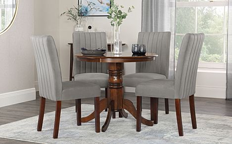 Kingston Round Dining Table & 4 Salisbury Chairs, Dark Solid Hardwood, Grey Classic Velvet, 90cm