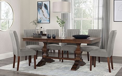 Cavendish Extending Dining Table & 6 Salisbury Chairs, Dark Oak Veneer & Solid Hardwood, Grey Classic Velvet & Dark Solid Hardwood, 160-200cm