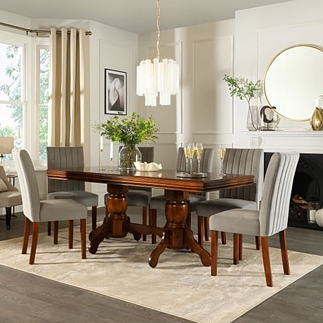 Chatsworth Extending Dining Table & 4 Salisbury Chairs, Dark Solid Hardwood, Grey Classic Velvet, 150-180cm