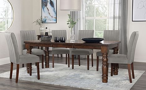 Hampshire Extending Dining Table & 6 Salisbury Chairs, Dark Solid Hardwood, Grey Classic Velvet, 150-200cm