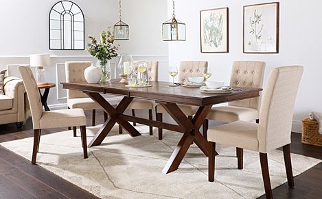 Grange Extending Dining Table & 8 Regent Chairs, Dark Oak Veneer & Solid Hardwood, Oatmeal Classic Linen-Weave Fabric & Dark Solid Hardwood, 180-220cm