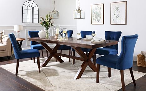 Grange Extending Dining Table & 4 Bewley Chairs, Dark Oak Veneer & Solid Hardwood, Blue Classic Velvet & Dark Solid Hardwood, 180-220cm