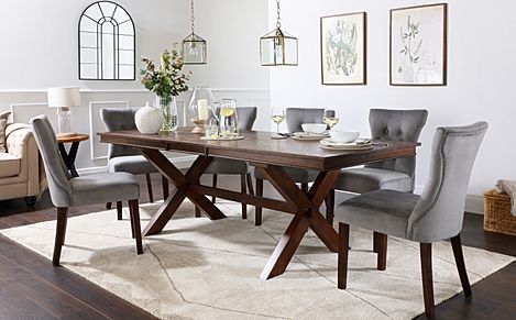 Grange Extending Dining Table & 4 Bewley Chairs, Dark Oak Veneer & Solid Hardwood, Grey Classic Velvet & Dark Solid Hardwood, 180-220cm