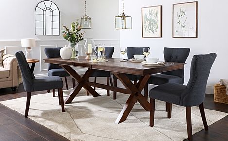 Grange Extending Dining Table & 8 Bewley Chairs, Dark Oak Veneer & Solid Hardwood, Slate Grey Classic Linen-Weave Fabric & Dark Solid Hardwood, 180-220cm