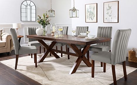 Grange Extending Dining Table & 6 Salisbury Chairs, Dark Oak Veneer & Solid Hardwood, Grey Classic Velvet & Dark Solid Hardwood, 180-220cm
