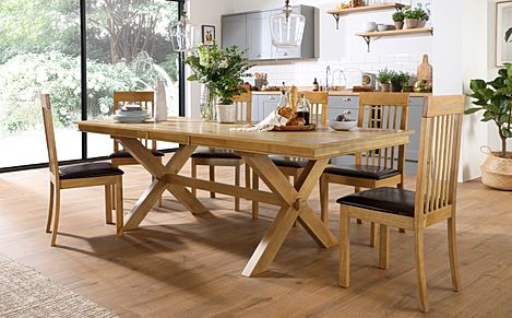Grange Extending Dining Table & 4 Oxford Chairs, Natural Oak Veneer & Solid Hardwood, Brown Classic Faux Leather & Natural Oak Finished Solid Hardwood, 180-220cm