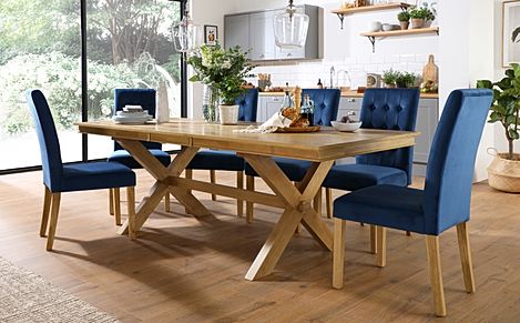 Grange Extending Dining Table & 4 Regent Chairs, Natural Oak Veneer & Solid Hardwood, Blue Classic Velvet & Natural Oak Finished Solid Hardwood, 180-220cm
