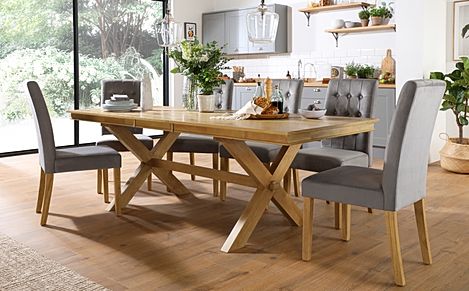 Grange Extending Dining Table & 6 Regent Chairs, Natural Oak Veneer & Solid Hardwood, Grey Classic Velvet & Natural Oak Finished Solid Hardwood, 180-220cm