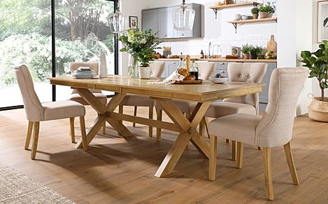 Grange Extending Dining Table & 8 Bewley Chairs, Natural Oak Veneer & Solid Hardwood, Oatmeal Classic Linen-Weave Fabric & Natural Oak Finished Solid Hardwood, 180-220cm