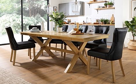 Grange Extending Dining Table & 4 Bewley Chairs, Natural Oak Veneer & Solid Hardwood, Black Classic Faux Leather & Natural Oak Finished Solid Hardwood, 180-220cm