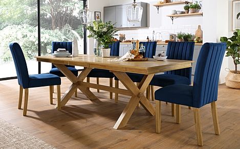 Grange Extending Dining Table & 6 Salisbury Chairs, Natural Oak Veneer & Solid Hardwood, Blue Classic Velvet & Natural Oak Finished Solid Hardwood, 180-220cm