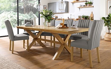 Grange Extending Dining Table & 4 Salisbury Chairs, Natural Oak Veneer & Solid Hardwood, Grey Classic Velvet & Natural Oak Finished Solid Hardwood, 180-220cm