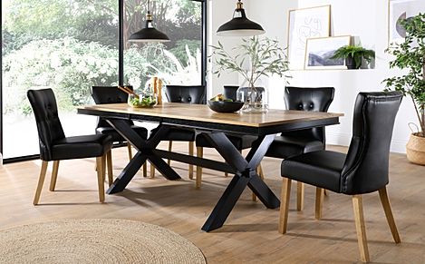 Grange Extending Dining Table & 8 Bewley Chairs, Natural Oak Veneer & Black Solid Hardwood, Black Classic Faux Leather & Natural Oak Finished Solid Hardwood, 180-220cm