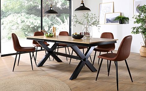 Grange Extending Dining Table & 8 Brooklyn Chairs, Natural Oak Veneer & Black Solid Hardwood, Tan Classic Faux Leather & Black Steel, 180-220cm