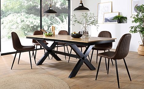 Grange Extending Dining Table & 8 Brooklyn Chairs, Natural Oak Veneer & Black Solid Hardwood, Vintage Brown Classic Faux Leather & Black Steel, 180-220cm