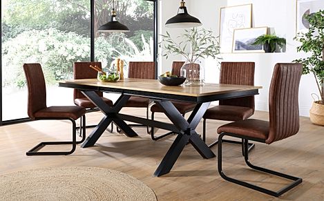 Grange Extending Dining Table & 6 Perth Chairs, Natural Oak Veneer & Black Solid Hardwood, Tan Classic Faux Leather & Black Steel, 180-220cm