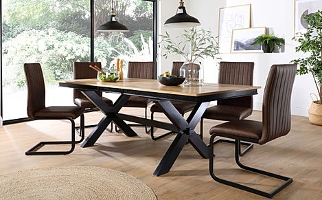 Grange Extending Dining Table & 6 Perth Chairs, Natural Oak Veneer & Black Solid Hardwood, Vintage Brown Classic Faux Leather & Black Steel, 180-220cm