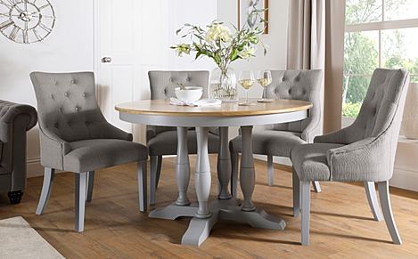 Highgrove Round Painted Grey And Oak Dining Table With 4 Duke Light Grey Fabric Chairs Furniture And Choice