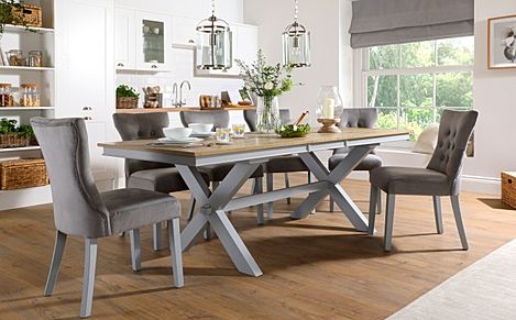 Grange Extending Dining Table & 4 Bewley Chairs, Natural Oak Veneer & Grey Solid Hardwood, Grey Classic Velvet, 180-220cm