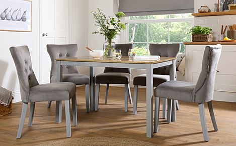 Milton Dining Table & 4 Bewley Chairs, Natural Oak Finish & Grey Solid Hardwood, Grey Classic Velvet, 120cm