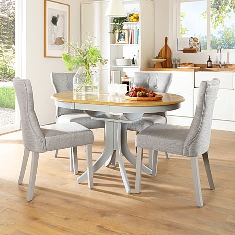 Hudson Round Extending Dining Table & 6 Bewley Chairs, Natural Oak Finish & Grey Solid Hardwood, Light Grey Classic Linen-Weave Fabric, 90-120cm