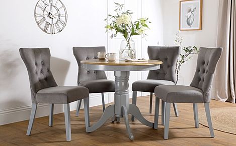Kingston Round Dining Table & 4 Bewley Chairs, Natural Oak Finish & Grey Solid Hardwood, Grey Classic Velvet, 90cm