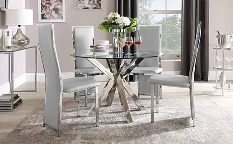 Plaza Round Dining Table & 4 Celeste Chairs, Glass & Chrome, Light Grey Classic Faux Leather, 110cm
