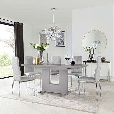 Florence Extending Dining Table & 4 Renzo Chairs, Grey High Gloss, Light Grey Classic Faux Leather & Chrome, 120-160cm