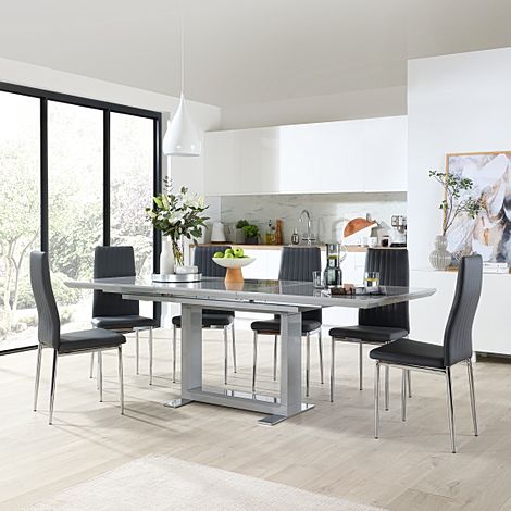 Tokyo Extending Dining Table & 8 Leon Chairs, Grey High Gloss, Grey Classic Faux Leather & Chrome, 160-220cm