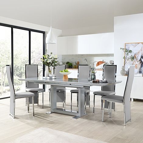 Tokyo Extending Dining Table & 4 Celeste Chairs, Grey High Gloss, Light Grey Classic Faux Leather & Chrome, 160-220cm