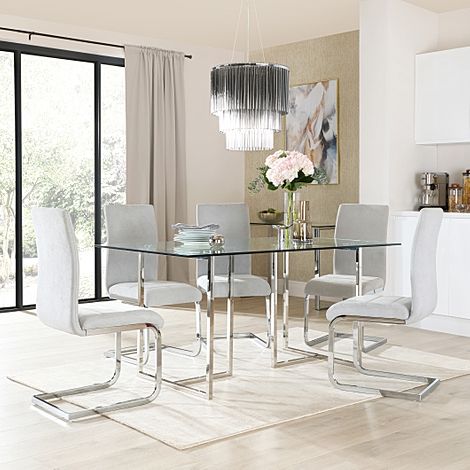 Lisbon Chrome and Glass Dining Table with 4 Perth Dove Grey Fabric ...