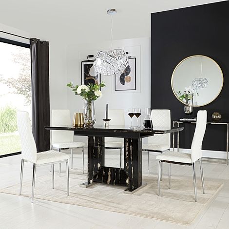 Florence Extending Dining Table & 6 Renzo Chairs, Black Marble Effect, White Classic Faux Leather & Chrome, 120-160cm