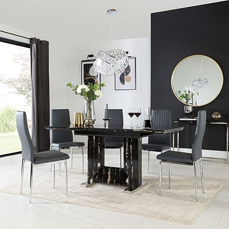 Florence Extending Dining Table & 6 Leon Chairs, Black Marble Effect, Grey Classic Faux Leather & Chrome, 120-160cm