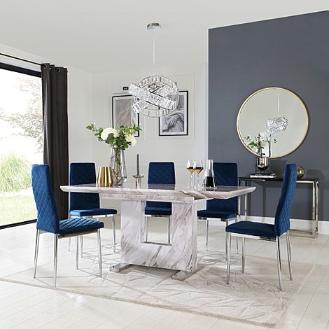 Florence Extending Dining Table & 6 Renzo Chairs, Grey Marble Effect, Blue Classic Velvet & Chrome, 120-160cm