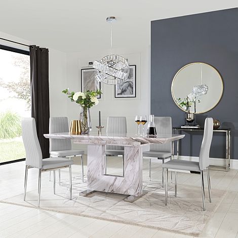 Florence Extending Dining Table & 6 Leon Chairs, Grey Marble Effect, Light Grey Classic Faux Leather & Chrome, 120-160cm