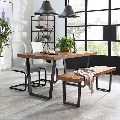 Addison Industrial Dining Table, Bench & 2 Perth Chairs, Dark Oak Veneer & Black Steel, Light Grey Classic Faux Leather, 150cm