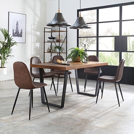 Addison Industrial Dining Table & 6 Brooklyn Chairs, Dark Oak Veneer & Black Steel, Vintage Brown Classic Faux Leather, 150cm