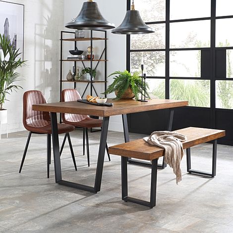 Addison Industrial Dining Table, Bench & 4 Brooklyn Chairs, Dark Oak Veneer & Black Steel, Tan Classic Faux Leather, 150cm