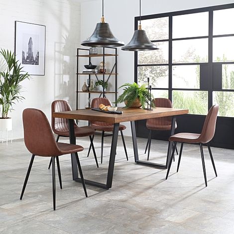 Addison Industrial Dining Table & 6 Brooklyn Chairs, Dark Oak Veneer & Black Steel, Tan Classic Faux Leather, 150cm