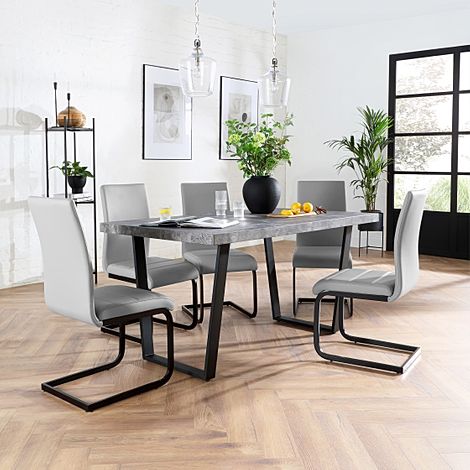 Addison Industrial Dining Table & 6 Perth Chairs, Grey Concrete Effect & Black Steel, Light Grey Classic Faux Leather, 150cm