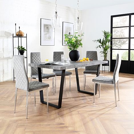 Addison Industrial Dining Table & 4 Renzo Chairs, Grey Concrete Effect & Black Steel, Grey Classic Velvet & Chrome, 150cm