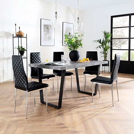 Addison Industrial Dining Table & 4 Renzo Chairs, Grey Concrete Effect & Black Steel, Black Classic Faux Leather & Chrome, 150cm