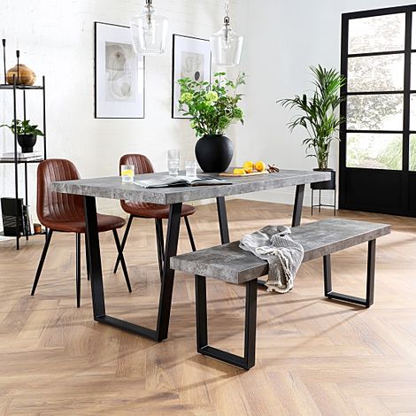 Addison Industrial Dining Table, Bench & 2 Brooklyn Chairs, Grey Concrete Effect & Black Steel, Tan Classic Faux Leather, 150cm