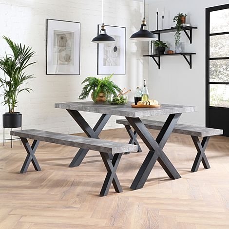 Franklin Industrial Dining Table & 2 Benches, Grey Concrete Effect & Black Steel, 150cm